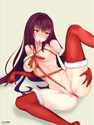 Rule 34 | 1girl, arm support, ass, bad id, bad pixiv id, blush, breasts, christmas, condom, condom in mouth, elbow gloves, fat mons, fate/grand order, fate (series), fur trim, gloves, highres, large breasts, long hair, looking at viewer, lying, mouth hold, naked ribbon, nose blush, on side, presenting, purple hair, pussy, red eyes, red gloves, red thighhighs, ribbon, scathach (fate), skindentation, solo, spread legs, sunday se7en, thighhighs, very long hair