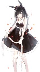 Rule 34 | 1girl, animal ears, bare shoulders, black bow, black dress, black hair, blue eyes, boots, bow, breasts, cleavage, closed mouth, dress, ear bow, feet out of frame, floral background, full body, gloves, grey eyes, highres, kneehighs, long hair, looking at viewer, lpip, original, pleated dress, rabbit ears, rabbit girl, rabbit tail, simple background, sleeveless, sleeveless dress, small breasts, smile, socks, solo, standing, tail, very long hair, white background, white gloves, white socks