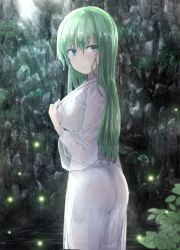 Rule 34 | 1girl, ass, blush, commentary request, cowboy shot, from side, green eyes, green hair, hair between eyes, kochiya sanae, leaf, long hair, long sleeves, looking at viewer, parted lips, partial commentary, robe, rock, see-through, solo, standing, touhou, wet, wet clothes, white robe, y2