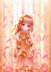 Rule 34 | 1girl, absurdres, brown hair, curtains, dress, feathers, highres, long hair, looking at viewer, original, red eyes, ribbon, scan, see-through, smile, solo, tinker bell (pixiv 10956015)