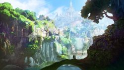 Rule 34 | 2others, ambiguous gender, building, castle, cliff, commentary request, fantasy, holding hands, light rays, multiple others, original, outdoors, plant roots, reason (mark-of-the-unicorn), river, scenery, silhouette, standing, sunbeam, sunlight, tree, village