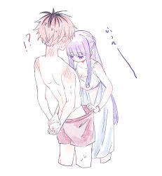 Rule 34 | 1boy, 1girl, 5o, blush, boxers, bracelet, dress, expressionless, fern (sousou no frieren), highres, jewelry, looking at penis, male underwear, pulling, purple eyes, purple hair, red hair, sousou no frieren, stark (sousou no frieren), sundress, topless male, underwear, upper body, white dress