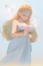 Rule 34 | 1girl, absurdres, bare shoulders, blonde hair, blush, bracelet, breasts, cleavage, closed eyes, dress, fairy, fairy wings, highres, jewelry, long hair, medium breasts, necklace, nintendo, own hands clasped, own hands together, parted bangs, parted lips, pointy ears, praying, princess zelda, sennei, solo, strapless, strapless dress, the legend of zelda, the legend of zelda: breath of the wild, underbust, white dress, wings
