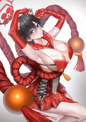 Rule 34 | 1girl, absurdres, armpits, arms up, black hair, blue archive, blue eyes, breasts, elbow gloves, gloves, gradient background, grey background, hair between eyes, halo, highres, kos-owl, large breasts, looking at viewer, red gloves, red sailor collar, red skirt, rope, sailor collar, shimenawa, short hair, skirt, solo, thighs, tsubaki (blue archive)