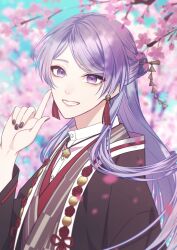 Rule 34 | 1boy, black jacket, black nails, blurry, blurry background, brown kimono, cherry blossoms, chinese knot, day, dress shirt, earrings, eyeliner, falling petals, finger to cheek, flower, flower necklace, genzuki toujirou, grin, hair bun, hair ornament, hair stick, half updo, haori, highres, ichi-be, index finger raised, jacket, japanese clothes, jewelry, kimono, long hair, long sleeves, looking at viewer, male focus, necklace, nijisanji, petals, pink flower, purple eyes, purple hair, red eyeliner, shirt, single hair bun, smile, solo, swept bangs, tassel, tassel earrings, upper body, virtual youtuber, white shirt