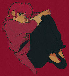 Rule 34 | 1girl, black footwear, blue eyes, braid, braided ponytail, breasts, chinese clothes, closed mouth, medium breasts, pikurusu, ranma-chan, ranma 1/2, red background, red hair, simple background, solo