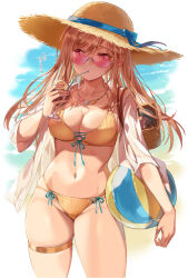 Rule 34 | 1girl, absurdres, bag, ball, bikini, blue ribbon, blue sky, breasts, cleavage, cloud, cup, day, drinking, drinking straw, goddess of victory: nikke, halterneck, hat, highres, holding, holding ball, jewelry, light brown hair, looking over eyewear, looking to the side, medium breasts, michairu, navel, necklace, ocean, open clothes, open shirt, outdoors, pink-tinted eyewear, pool, poolside, rapi (nikke), red eyes, ribbon, shirt, sky, solo, stomach, straw hat, sunglasses, swimsuit, thigh strap, thighs, tinted eyewear