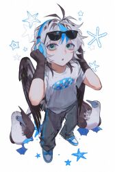 Rule 34 | 1boy, :o, bird, black gloves, black wings, blue-footed booby, blue footwear, blue hair, cowlick, eyewear on head, feathered wings, fingerless gloves, from above, gloves, green eyes, grey hair, grey pants, half-closed eyes, hand on headphones, headphones, highres, looking up, mong 120, multicolored hair, original, pants, parted lips, raised eyebrows, ringed eyes, shirt, shoes, short sleeves, simple background, sneakers, solo, standing, starfish, streaked hair, sunglasses, white background, white shirt, wings