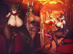 Rule 34 | 4girls, animal ears, armor, bare shoulders, between breasts, black leotard, book, breasts, breasts apart, brown eyes, cleavage, dark-skinned female, dark skin, detached collar, detached sleeves, elbow gloves, fake animal ears, fate/grand order, fate (series), female focus, fingerless gloves, fox ears, fox girl, fox tail, full body, gloves, green eyes, grin, hair between eyes, hand on own hip, head tilt, high heels, holding, holding book, holding own arm, holding staff, holding sword, holding weapon, huge breasts, indoors, leotard, lips, looking at another, looking at viewer, melon22, multiple girls, murasaki shikibu (fate), open mouth, pantyhose, playboy bunny, pointy ears, rabbit ears, red eyes, red leotard, scheherazade (fate), semiramis (fate), shiny clothes, shiny skin, shoulder armor, sideboob, sidelocks, sitting, skin tight, smile, staff, standing, suzuka gozen (fate), sword, tail, weapon, yellow eyes