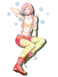Rule 34 | 1girl, boots, blowing bubbles, cross-laced footwear, highres, hirose yasuho, jojo no kimyou na bouken, jojolion, lace-up boots, midriff, patterned legwear, pink eyes, pink hair, rouchichuan, solo, striped clothes, striped thighhighs, suspenders, thighhighs
