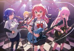 Rule 34 | 4girls, ahoge, ayataka, band, bass guitar, black pantyhose, black ribbon, black skirt, blonde hair, blue eyes, blue hair, bocchi the rock!, bow, bowtie, brown footwear, checkered floor, closed mouth, collared shirt, cube hair ornament, detached ahoge, drum, drum set, electric guitar, fender precision bass, gibson les paul, glint, gotoh hitori, green eyes, grey skirt, guitar, hair between eyes, hair ornament, hairclip, highres, holding, holding instrument, ijichi nijika, indoors, instrument, jacket, kita ikuyo, light blush, loafers, long hair, long sleeves, looking at another, looking at viewer, microphone, microphone stand, multiple girls, music, neck ribbon, one side up, open mouth, orange eyes, pants, pants under skirt, pantyhose, pink hair, pink jacket, pink pants, playing instrument, pleated skirt, red bow, red bowtie, red hair, ribbon, sailor collar, school uniform, shimokitazawa high school uniform, shirt, shoes, short hair, short sleeves, shuka high school uniform, side ponytail, sidelocks, skirt, smile, stage, stage lights, standing, sweat, track jacket, track pants, twitter username, white sailor collar, white shirt, yamada ryo, yellow eyes