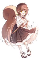 Rule 34 | :d, backpack, bag, beret, blush, brown eyes, brown hair, brown hat, brown skirt, frilled skirt, frilled socks, frills, full body, hair ornament, hairclip, hat, high heels, long hair, long sleeves, looking at viewer, open mouth, original, pleated skirt, puffy long sleeves, puffy sleeves, shirt, shoes, simple background, skirt, sleeves past wrists, smile, socks, solo, sparkle, squirrel girl (yuuhagi (amaretto-no-natsu)), squirrel tail, star (symbol), tail, very long hair, white background, white footwear, white shirt, white socks, yuuhagi (amaretto-no-natsu)