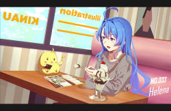 Rule 34 | 1girl, ahoge, alternate costume, azur lane, bare shoulders, bird, blue hair, blush, booth seating, breasts, character name, cherry, cup, eating, food, fruit, hair ornament, helena (azur lane), ice cream, kiroly, long hair, looking at viewer, manjuu (azur lane), medium breasts, open mouth, purple eyes, solo, sparkle, spoon, table, very long hair