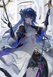 Rule 34 | 1girl, arknights, black gloves, black wings, blue eyes, blue hair, blue tongue, colored tongue, cowboy shot, dark halo, detached wings, dress, dual wielding, energy wings, gloves, halo, hands up, highres, holding, holding staff, long hair, looking down, mostima (arknights), mostima (spellbreaker) (arknights), official alternate costume, parted lips, partially fingerless gloves, sankichi (croquette crab), short sleeves, sidelocks, solo, staff, unfinished, white dress, wings