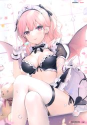 Rule 34 | 1girl, 6u (eternal land), absurdres, blush, breasts, candy, cleavage, crossed legs, demon girl, demon tail, demon wings, earrings, floating, floating object, food, gloves, hair ornament, highres, holding, holding food, jewelry, lifted by self, lollipop, looking at viewer, maid headdress, medium breasts, medium hair, midriff, original, page number, panties, petals, pink hair, puffy short sleeves, puffy sleeves, scan, short sleeves, side-tie panties, simple background, sitting, skirt, skirt hold, smile, solo, stuffed animal, stuffed toy, tail, teddy bear, thighhighs, thighs, tongue, tongue out, underwear, water, water drop, white gloves, white thighhighs, wings
