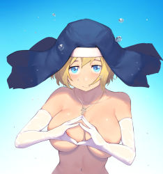 Rule 34 | 1girl, absurdres, air bubble, areola slip, bare shoulders, blonde hair, blue background, blue eyes, blush, breasts, breath, bridal gauntlets, bubble, censored, censored nipples, cleavage, closed mouth, covering nipples, covering privates, cross, cross necklace, elbow gloves, en&#039;en no shouboutai, gloves, gradient background, habit, hair between eyes, highres, holding breath, iris (enen no shouboutai), jewelry, large breasts, looking at viewer, navel, necklace, nude, nun, own hands together, rou (rou22), see-through, short hair, smile, solo, submerged, topless frame, underwater, upper body, white gloves