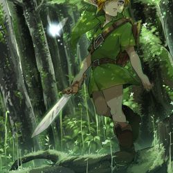 Rule 34 | 1boy, 1girl, aged down, arms at sides, bad id, bad pixiv id, belt buckle, blonde hair, blue eyes, boots, brown footwear, buckle, bug, butterfly, dappled sunlight, deku shield, fairy, forest, gem, green hat, green theme, grey eyes, hat, holding, holding sword, holding weapon, insect, light particles, link, looking away, mini person, minigirl, moss, nature, navi, nintendo, one eye covered, outdoors, plant, po (poppa-pict), pointy ears, shade, shield, shield on back, short sleeves, sunlight, sword, the legend of zelda, the legend of zelda: ocarina of time, tree, tunic, walking, weapon, wooden shield, young link