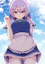 Rule 34 | 1girl, apron, blue eyes, blue sky, braid, cloud, cloudy sky, darumoon, day, dress, frilled apron, frilled dress, frills, from below, hair between eyes, highres, izayoi sakuya, lecturing, looking at viewer, maid, maid apron, maid headdress, open mouth, outdoors, pointing, pointing up, short hair, silver hair, sky, solo, touhou, twin braids, v-shaped eyebrows, white apron, white legwear