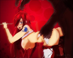 Rule 34 | 1girl, bent over, blush, creature, dragon, erza scarlet, fairy tail, interspecies, looking back, nipples, open clothes, open mouth, red hair, sex, standing, tattoo, tongue, tyranopulus, vaginal, watermark