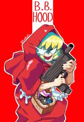 Rule 34 | 1girl, basket, bright pupils, bulleta, dress, explosive, finger on trigger, grenade, gun, highres, holding, holding gun, holding weapon, hood, icedkofii, looking at viewer, open mouth, short hair, simple background, smile, solo, spike ball, spikes, submachine gun, vampire (game), weapon, white pupils