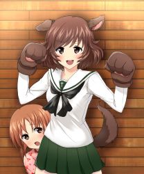 Rule 34 | 10s, 1girl, :d, akiyama yukari, animal ears, animal hands, bad id, bad pixiv id, black neckerchief, blouse, brown eyes, brown hair, commentary request, cowboy shot, cowering, dog ears, dog tail, frown, girls und panzer, gloves, green skirt, hiding, hiding behind another, highres, indoors, long sleeves, looking at viewer, messy hair, miniskirt, neckerchief, nishizumi miho, ooarai school uniform, open mouth, partial commentary, paw gloves, pink shirt, pleated skirt, school uniform, serafuku, shio raichi, shirt, short hair, skirt, smile, solo, squatting, standing, tail, tearing up, w arms, white shirt, wooden wall
