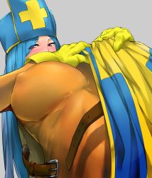 Rule 34 | 1girl, aqua hair, bakkanki, belt, blush, bodysuit, breasts, cross, dragon quest, dragon quest iii, covered erect nipples, gloves, hat, large breasts, long hair, looking at viewer, mitre, orange bodysuit, priest (dq3), red eyes, simple background, skin tight, solo, tabard