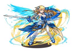 Rule 34 | 1girl, bare shoulders, blonde hair, blue eyes, blue valkyrie (p&amp;d), braid, hair ornament, hino shinnosuke, looking at viewer, official art, open mouth, puzzle &amp; dragons, shield, short hair, short hair with long locks, solo, sword, twin braids, valkyrie, valkyrie (p&amp;d), water valkyrie (p&amp;d), weapon, wings