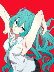 Rule 34 | 1girl, aqua eyes, aqua hair, armpits, commentary, earpiece, hatsune miku, highres, igo miku, looking at viewer, necktie, red background, sleeveless, solo, twintails, v, vocaloid