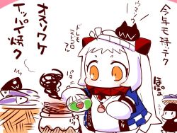 Rule 34 | 1girl, abyssal ship, acorn, comic, commentary request, cooking, cosplay, enemy aircraft (kancolle), fanning, fish, food, fubuki (kancolle), fubuki (kancolle) (cosplay), grill, grilling, hachimaki, hand fan, happi, headband, horns, i-class destroyer, japanese clothes, jewelry, kantai collection, long hair, mittens, necklace, nejiri hachimaki, northern ocean princess, orange eyes, paper fan, pt imp group, sako (bosscoffee), saury, sitting, sitting on head, sitting on person, translation request, uchiwa, white background, white hair