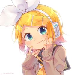 Rule 34 | 1girl, black sailor collar, blonde hair, blue eyes, brown cardigan, cardigan, closed mouth, commentary request, hair ornament, hair ribbon, hairclip, hands up, headphones, kagamine rin, long sleeves, nail polish, open cardigan, open clothes, reki (arequa), ribbon, sailor collar, shirt, simple background, sleeves past wrists, smile, solo, swept bangs, twitter username, upper body, vocaloid, white background, white ribbon, white shirt, yellow nails, yellow neckwear