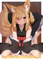 Rule 34 | 1girl, animal ear fluff, animal ears, bare shoulders, barefoot, between legs, black kimono, black sleeves, bow, breasts, brown hair, collarbone, commentary request, detached sleeves, fox ears, fox girl, fox tail, hair ornament, hair over one eye, hairclip, hand between legs, highres, japanese clothes, kimono, long hair, long sleeves, looking at viewer, obi, one side up, original, parted lips, red bow, red eyes, sakuma hiragi, sash, sitting, sleeveless, sleeveless kimono, sleeves past wrists, small breasts, solo, tail, toes, wariza, wide sleeves, wooden floor