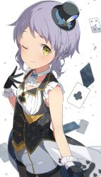 Rule 34 | ace (playing card), ace of clubs, black gloves, black vest, blush, bow, card, club (shape), collarbone, commentary request, feathers, frilled vest, frills, gloves, hat, hat bow, highres, idolmaster, idolmaster million live!, jewelry, makabe mizuki, mochigome (ununquadium), necklace, one eye closed, playing card, purple hair, shorts, sidelocks, simple background, sleeveless, smile, solo, vest, white background, white shorts, yellow eyes