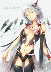 Rule 34 | 10s, 1girl, absurdres, alternate costume, alternate hair color, bad id, bad pixiv id, black thighhighs, breasts, breasts apart, copyright name, english text, closed eyes, guilty crown, hair ornament, highres, jewelry, kazari tayu, long hair, navel, necklace, no bra, open clothes, silver hair, small breasts, solo, thighhighs, twintails, yuzuriha inori