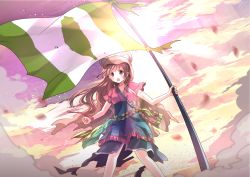 Rule 34 | 1girl, animal hood, blurry, brown eyes, brown hair, clenched hand, flag, highres, holding, hood, light, long hair, open mouth, original, risutaru, solo, taiwan, twilight, wind