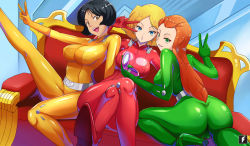 Rule 34 | 3girls, alex (totally spies), ass, black hair, blonde hair, blue eyes, bodysuit, breasts, cameltoe, clover (totally spies), green eyes, heart, high heels, highres, large breasts, long hair, multiple girls, open mouth, orange hair, sam (totally spies), short hair, spy, totally spies, v, yellow eyes