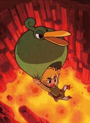 Rule 34 | 1boy, aircraft, belt, blonde hair, boots, brown belt, brown footwear, ezlo, glider, green tunic, highres, link, lava, nintendo, official art, open mouth, parachute, pointy ears, short hair, solo, teeth, the legend of zelda, the legend of zelda: the minish cap, toon link, upper teeth only