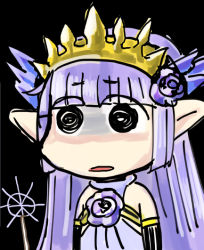 Rule 34 | 10s, 1girl, @ @, bare shoulders, black background, black eyes, blunt bangs, commentary request, crystal, eyebrows, eyes visible through hair, flower, granblue fantasy, hair flower, hair ornament, halterneck, light purple hair, lily (granblue fantasy), long hair, open mouth, pointy ears, purple flower, purple rose, rose, shaded face, simple background, solo, staff, takenaga, tiara, upper body