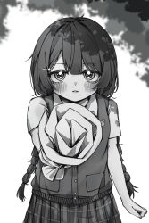 Rule 34 | 1girl, blush, braid, cardigan, cardigan vest, commentary request, greyscale, hair ornament, hairclip, highres, holding, long hair, monochrome, nijisanji, parted lips, short sleeves, tea-kirkland, tsukino mito, tsukino mito (3rd costume), twin braids, virtual youtuber