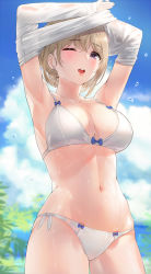 Rule 34 | 1girl, ;o, armpits, arms up, bare shoulders, bikini, blonde hair, blue bow, blue sky, blurry, blush, bow, breasts, brown hair, cleavage, clothes lift, cloud, cloudy sky, collarbone, cowboy shot, d;, day, depth of field, earrings, hair bun, highres, jewelry, kfr, large breasts, navel, one eye closed, open mouth, original, outdoors, palm tree, plant, purple eyes, see-through, shirt lift, short hair, side-tie bikini bottom, single hair bun, sky, solo, standing, stomach, sunlight, sweat, swimsuit, thighs, tree, undressing, water, water drop, wet, wet clothes, white bikini