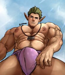 Rule 34 | 1boy, abs, absurdres, artist name, bara, biceps, blush, bulge, cloud, feet out of frame, green eyes, green hair, highres, jaderarts, jewelry, kraft (sousou no frieren), large pectorals, looking at viewer, looking back, male focus, male underwear, manly, mature male, muscular, muscular male, navel hair, necklace, nipples, outdoors, pectorals, pointy ears, short hair, signature, sky, smirk, solo, sousou no frieren, spiked hair, sunlight, teeth, thick arms, thick eyebrows, thick thighs, thighs, underwear, veins