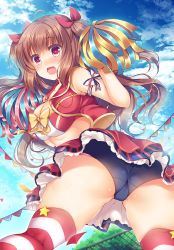 Rule 34 | 1girl, ass, blush, bow, breasts, brown hair, cheerleader, cloud, day, fang, long hair, moe2017, original, panties, skirt, sky, solo, striped clothes, striped thighhighs, suzunone rena, thighhighs, underwear, yellow bow