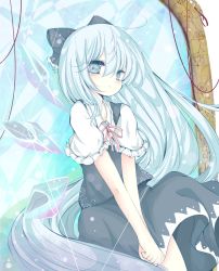 Rule 34 | 1girl, blue eyes, blue hair, blush, bow, cirno, clip studio paint (medium), clothes lift, crossed arms, dress, hair bow, inasa orange, long hair, looking at viewer, own hands together, skirt, skirt lift, standing, thighs, touhou, very long hair