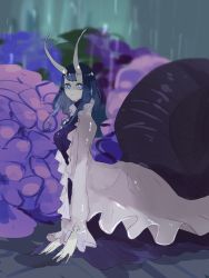 Rule 34 | 1girl, antennae, blue eyes, blue hair, blue skin, closed mouth, colored skin, dress, flower, from side, highres, hydrangea, long sleeves, looking at viewer, looking to the side, monster girl, original, purple dress, ruteko (ruko220), snail girl, snail shell, solo, white dress