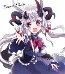Rule 34 | 1girl, animal ears, bad id, bad pixiv id, black choker, blue dress, blunt bangs, blush, character name, choker, corset, cosplay, cowboy shot, curled horns, demon horns, detached sleeves, dress, flat chest, hair between eyes, horns, long hair, looking at viewer, magrona, magrona (cosplay), magrona channel, milluun, open mouth, outstretched hand, pink eyes, rabbit ears, short eyebrows, smile, solo, star-shaped pupils, star (symbol), symbol-shaped pupils, thick eyebrows, tomari mari, tomari mari channel, virtual youtuber, white hair