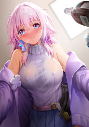Rule 34 | 1girl, absurdres, armpit crease, bare shoulders, belt, blue eyes, blue skirt, blush, bottle, breasts, buckle, commentary, covered erect nipples, cowboy shot, drunk, dutch angle, earrings, english commentary, hair between eyes, highres, honkai: star rail, honkai (series), jacket, jewelry, large breasts, long hair, long sleeves, looking at viewer, march 7th (honkai: star rail), nose blush, off shoulder, open clothes, open jacket, outstretched arms, parted lips, pink eyes, pink hair, pleated skirt, purple belt, purple jacket, reaching, reaching towards viewer, ribbed sweater, royboy, sidelocks, skirt, sleeveless, sleeveless sweater, solo, sweater, teeth, turtleneck, turtleneck sweater, two-tone eyes, white sweater, wine bottle