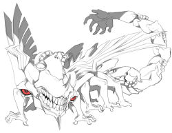 Rule 34 | alien, teeth, crybringer, extra arms, greyscale, monochrome, no humans, partially colored, r-type, red eyes, solo, wings