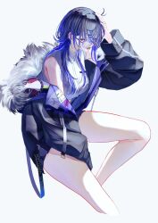 Rule 34 | 1girl, black hair, black jacket, blue hair, from side, fur-trimmed jacket, fur trim, glasses, grey background, hand on own head, highres, ichinose uruha, jacket, legs, long hair, looking at viewer, lupinus virtual games, minto (minto rururu), multicolored hair, open clothes, open jacket, open mouth, purple eyes, shirt, simple background, sleeveless, sleeveless shirt, solo, thighs, virtual youtuber, vspo!, white shirt
