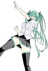 Rule 34 | 1girl, aqua eyes, aqua hair, bare arms, black skirt, black thighhighs, breasts, clenched hand, eyebrows, grey shirt, hair between eyes, hair ornament, hatsune miku, highres, legs apart, long hair, looking at viewer, medium breasts, miniskirt, open mouth, outstretched arm, panties, pleated skirt, saitama (antitankromeo), shirt, short sleeves, simple background, skirt, solo, striped clothes, striped panties, thighhighs, twintails, underwear, upskirt, v-shaped eyebrows, very long hair, vocaloid, white background, zettai ryouiki