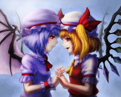 Rule 34 | 2girls, ascot, bat wings, blonde hair, blue background, brooch, eye contact, fang, female focus, flandre scarlet, hat, heads together, highres, holding hands, interlocked fingers, jewelry, kannazuki (devilcode666), light purple hair, light smile, looking at another, mob cap, multiple girls, open mouth, profile, puffy short sleeves, puffy sleeves, red eyes, remilia scarlet, short hair, short sleeves, siblings, side ponytail, simple background, sisters, touhou, vest, wings, wrist cuffs