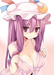 Rule 34 | 1girl, alternate costume, babydoll, blush, breasts, cleavage, crescent, embarrassed, hair ribbon, hat, large breasts, long hair, maturiuta sorato, patchouli knowledge, purple eyes, purple hair, ribbon, solo, touhou